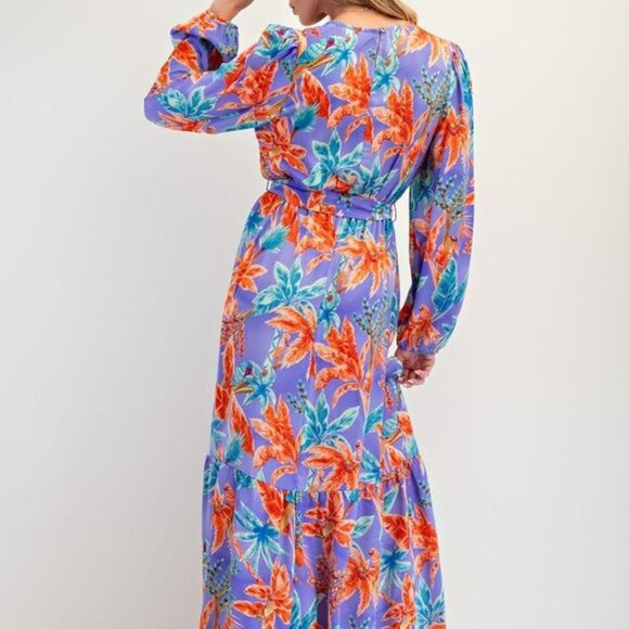 Easel Lilac Tropical Print “Mirabelle” Satin Tie-Waisted Maxi Dress | NWT | M - Picture 5 of 5